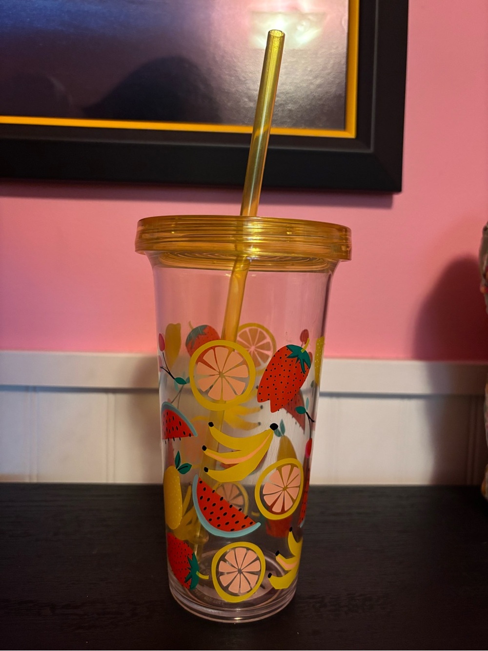 Yellow Fruit-Print Reusable Tumbler with Straw